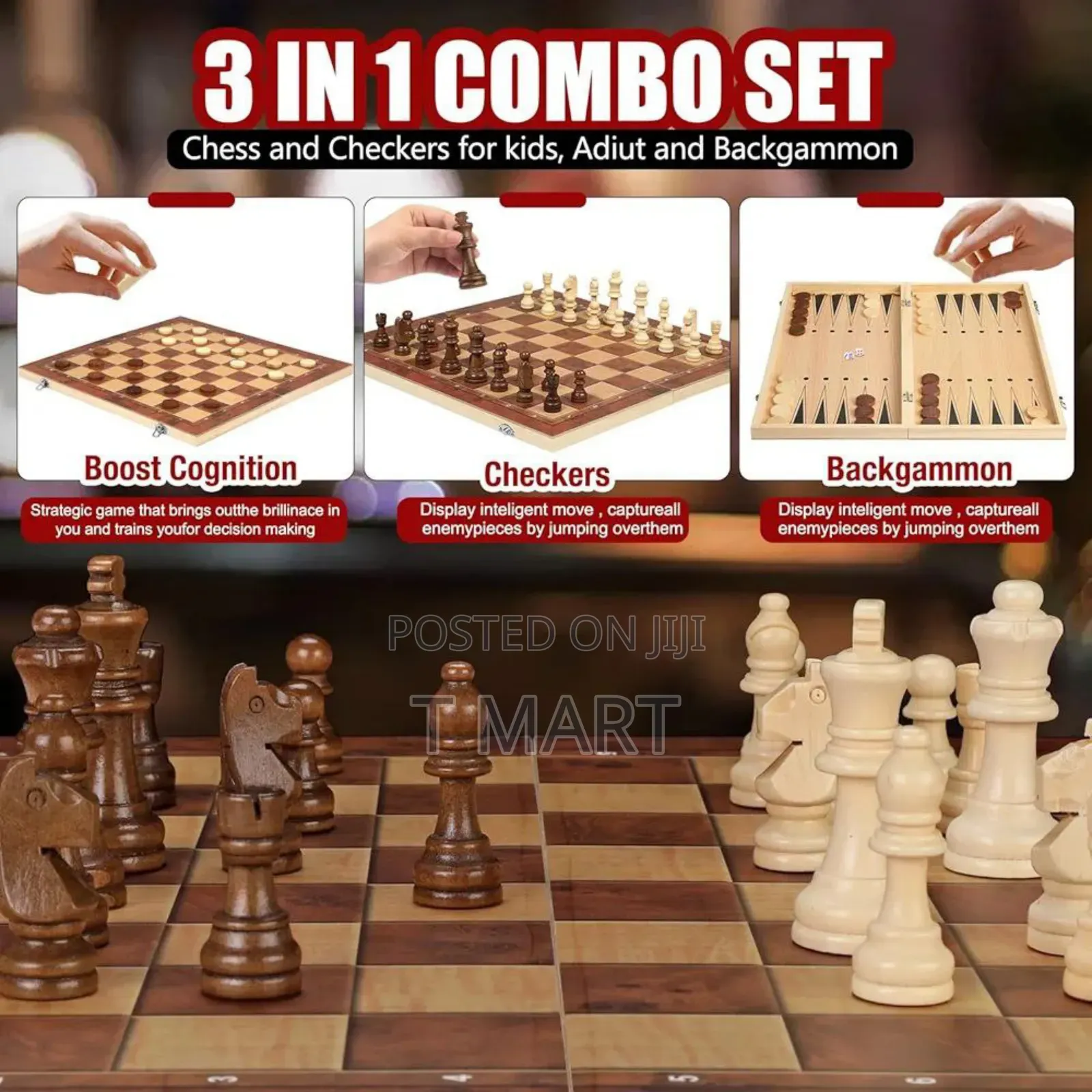 Chess Checkers Backgammon 3-in-1 Board Games Sets