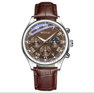 Wokai Men’S Brown Quartz Chronograph-Style Leather Watch