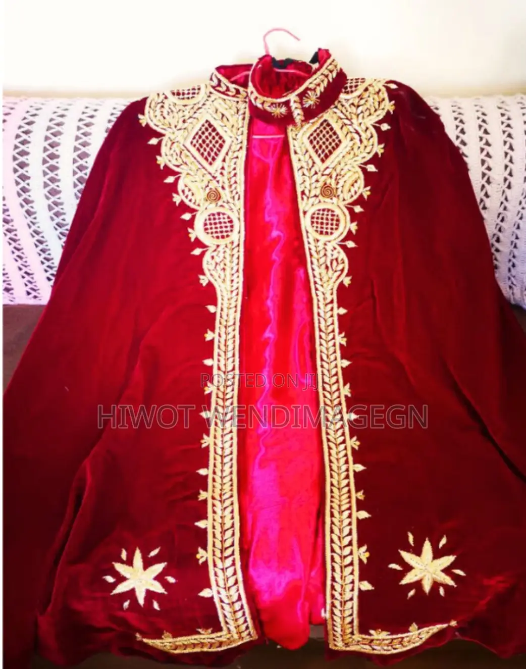 Burgundy Hand Embroidered Kaba With Head Accessory