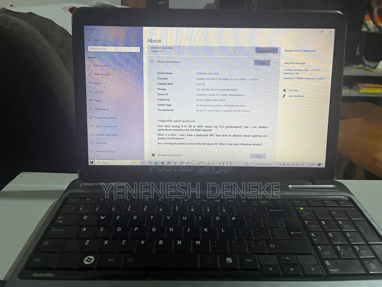 Laptop Toshiba Satellite L755 8GB Intel Core I7 HDD 1T