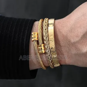 Gold-Colored, Stainless Steel Men's Bracelets Featuring a Twisted