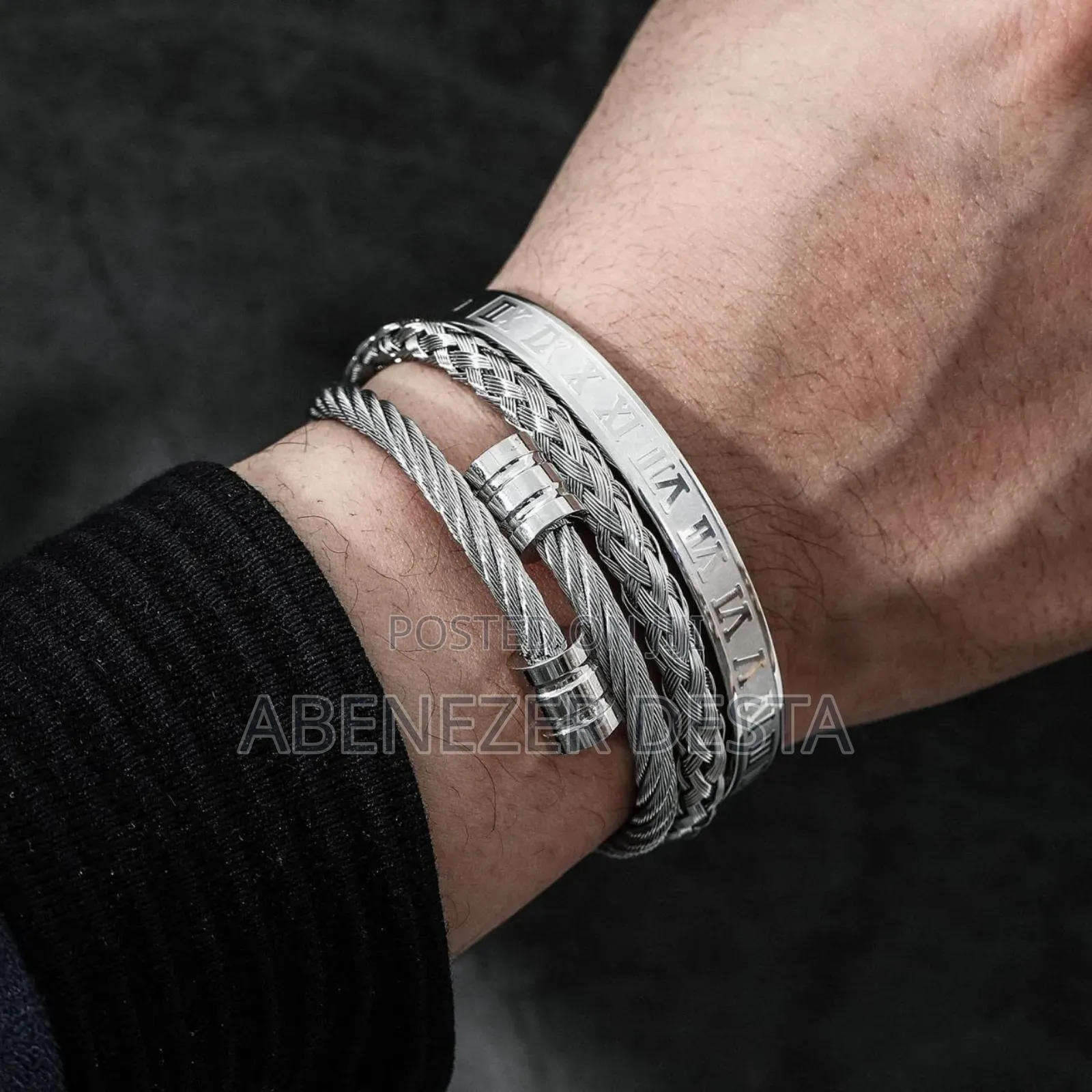 Set of Men's Stainless Steel Roman Numeral and Twisted Cable