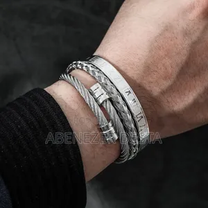 Set of Men's Stainless Steel Roman Numeral and Twisted Cable