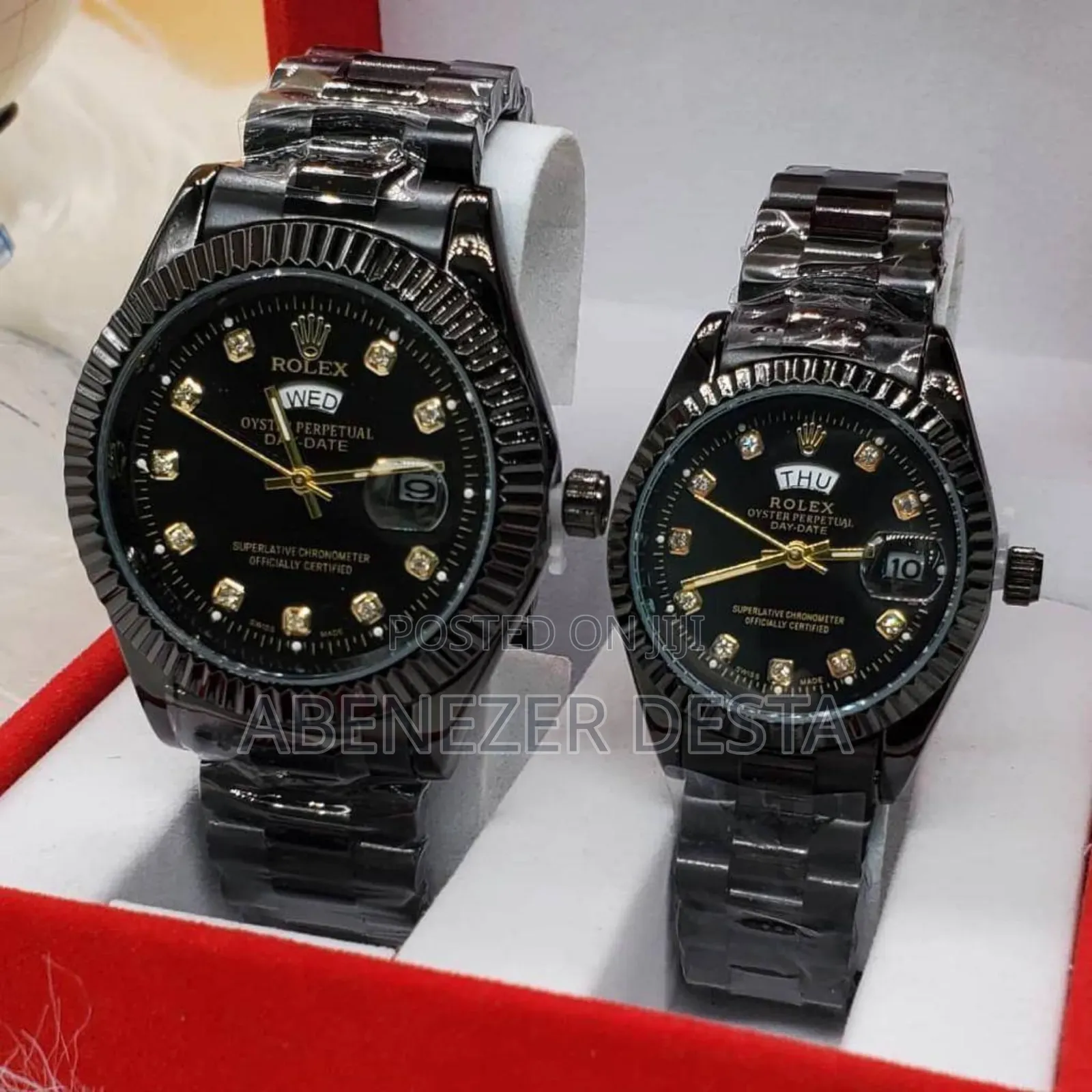 Pair of Black Rolex Day-Date Watches With Diamond Hour