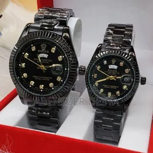 Pair of Black Rolex Day-Date Watches With Diamond Hour