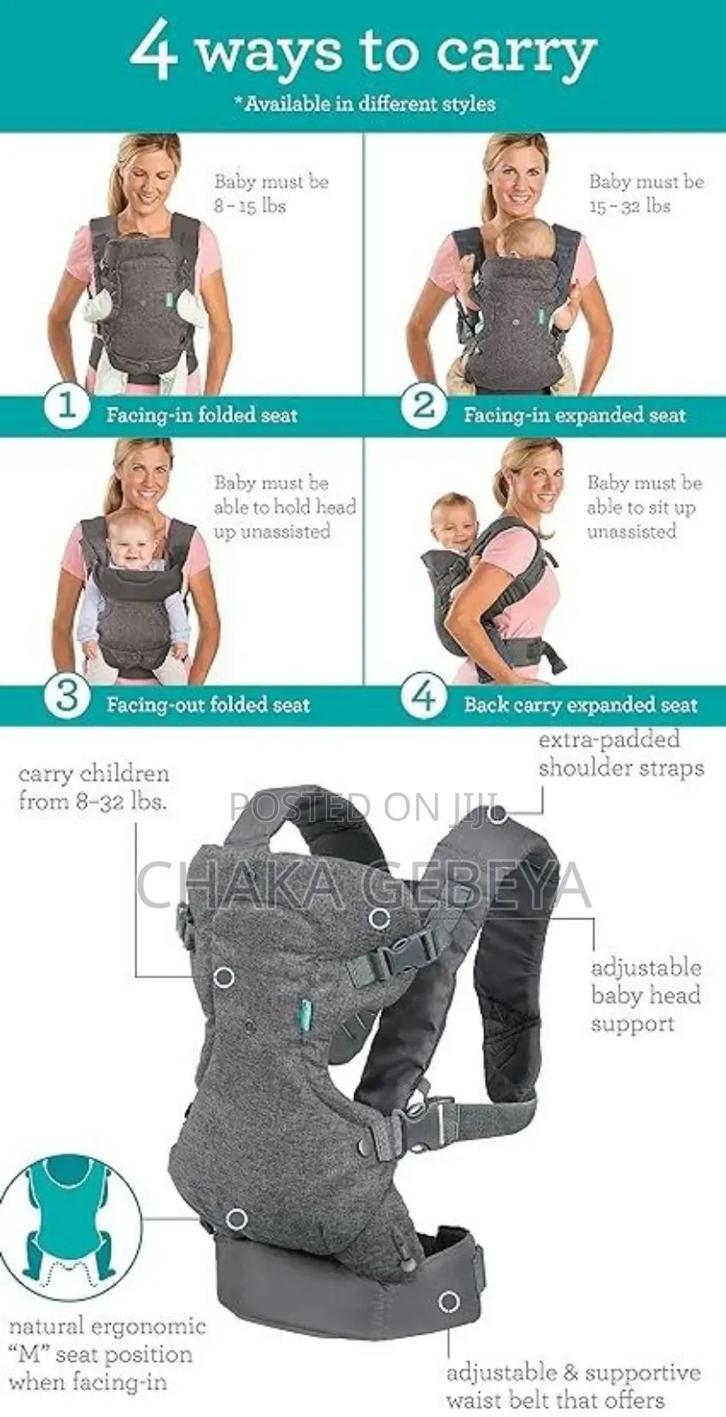 Infantino Ergonomic Baby Carrier - Front Back Carry, Supports 14kg