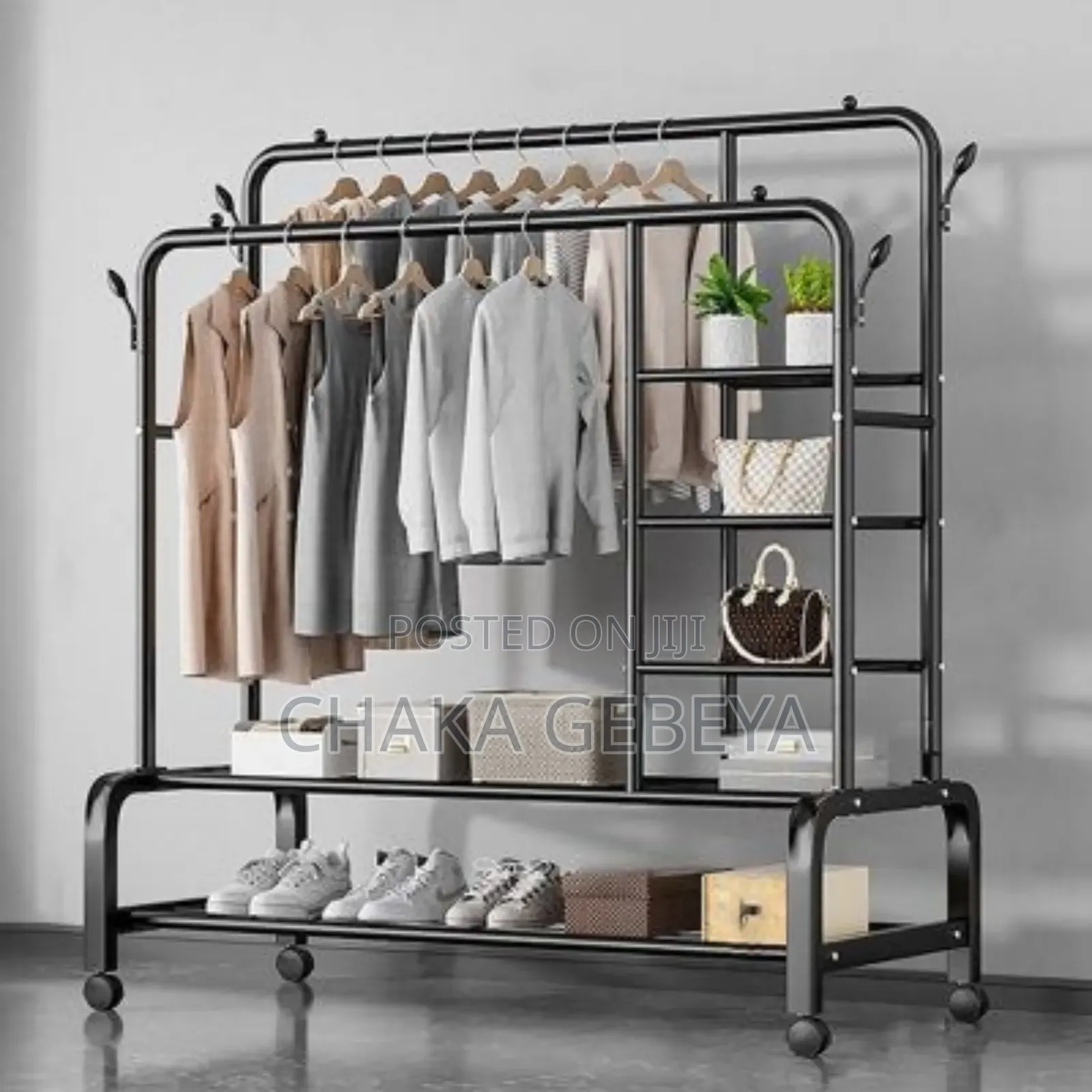 Mobile Garment Rack For Shop/Home - Double Hanging Rods Shelves