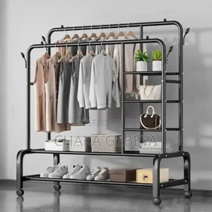 Mobile Garment Rack For Shop/Home - Double Hanging Rods Shelves