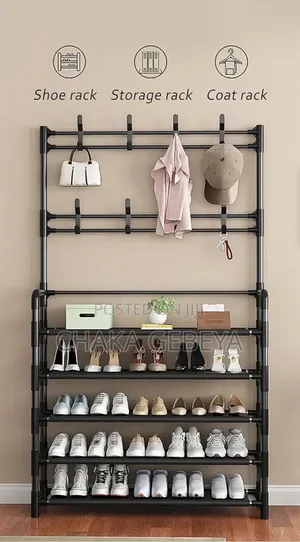 L-Shaped 3-in-1 Floor Rack-Clothes Hanger, Shoe Rack Storage Shelves