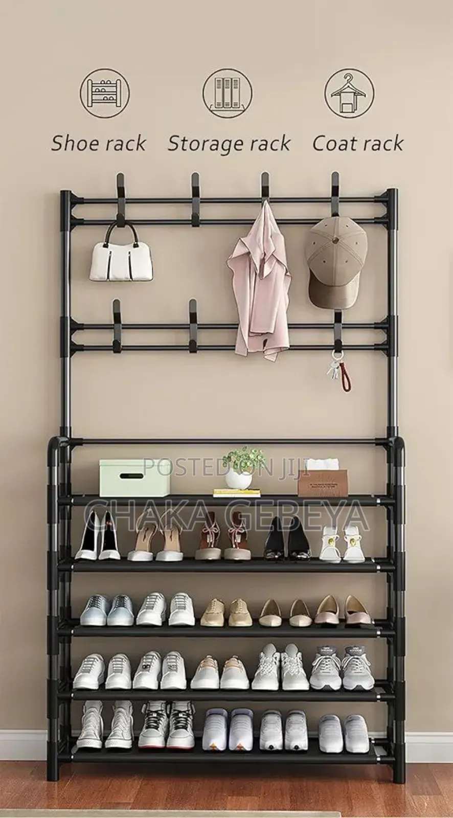 L-Shaped 3-in-1 Floor Rack-Clothes Hanger, Shoe Rack Storage Shelves