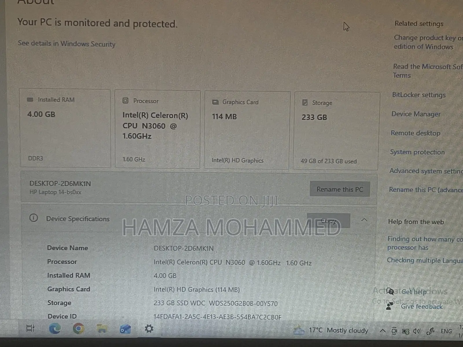 Laptop HP 14S 4GB Intel Celeron SSD 256GB