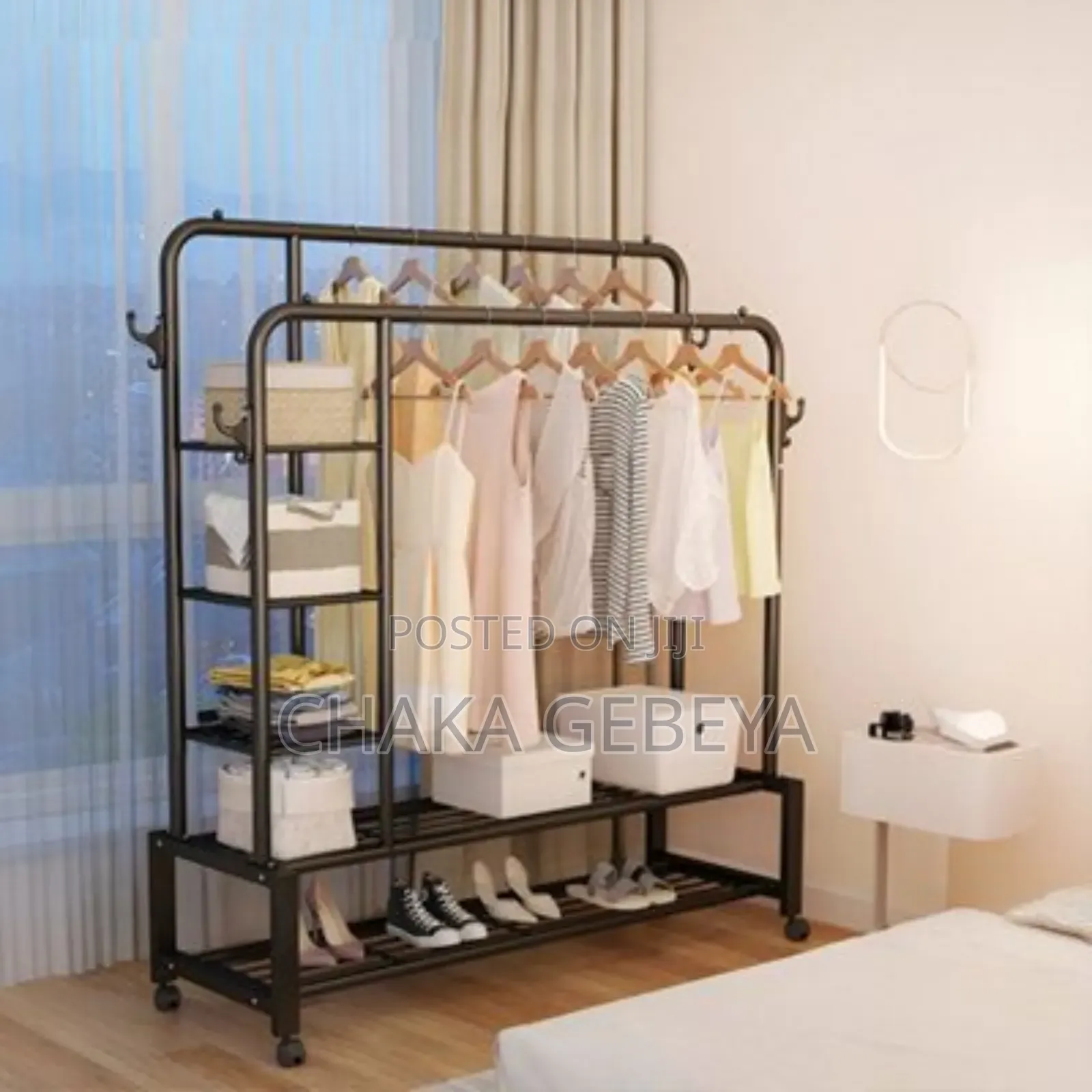 Mobile Garment Rack for Shop/Home With Double Hanging Rope