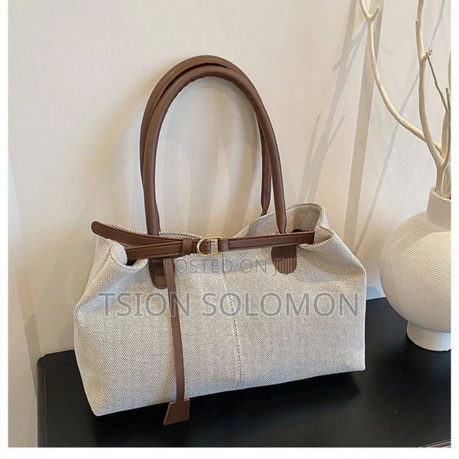 Coffee Brown Strap Decor Large Capacity Canvas Patchwork Tote Bag