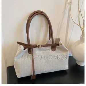 Coffee Brown Strap Decor Large Capacity Canvas Patchwork Tote Bag