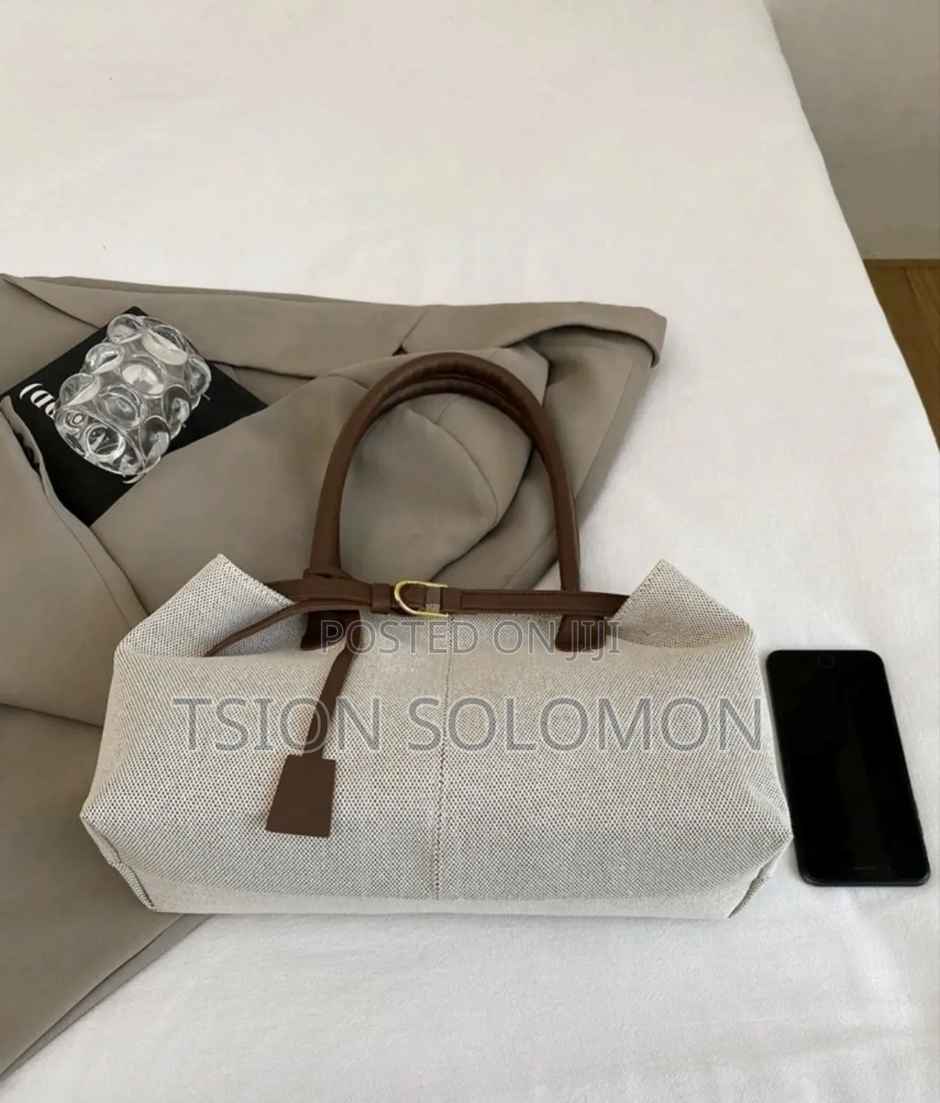 Coffee Brown Strap Decor Large Capacity Canvas Patchwork Tote Bag