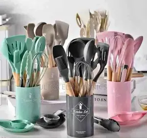 12-Piece Silicone Kitchen Utensil Set With Wooden Handles and Storage