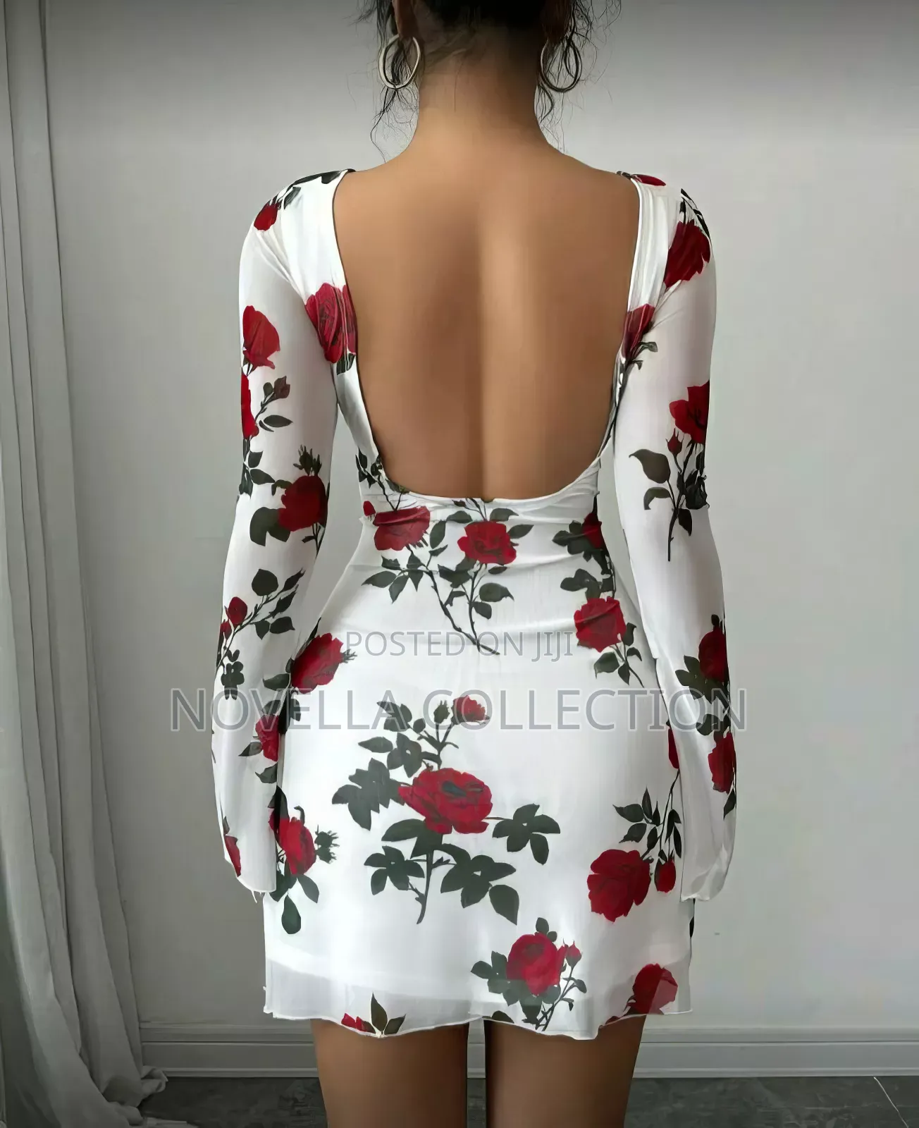 Women Floral Backless Bell Sleeve Mesh Mini Bodycon Slip Dress