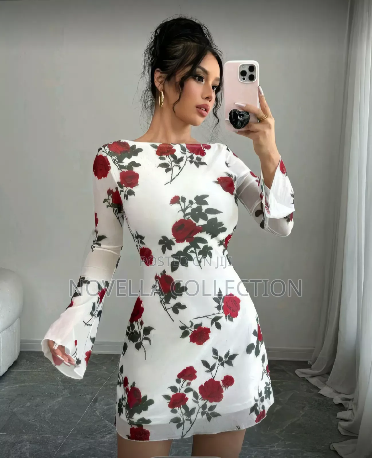 Women Floral Backless Bell Sleeve Mesh Mini Bodycon Slip Dress