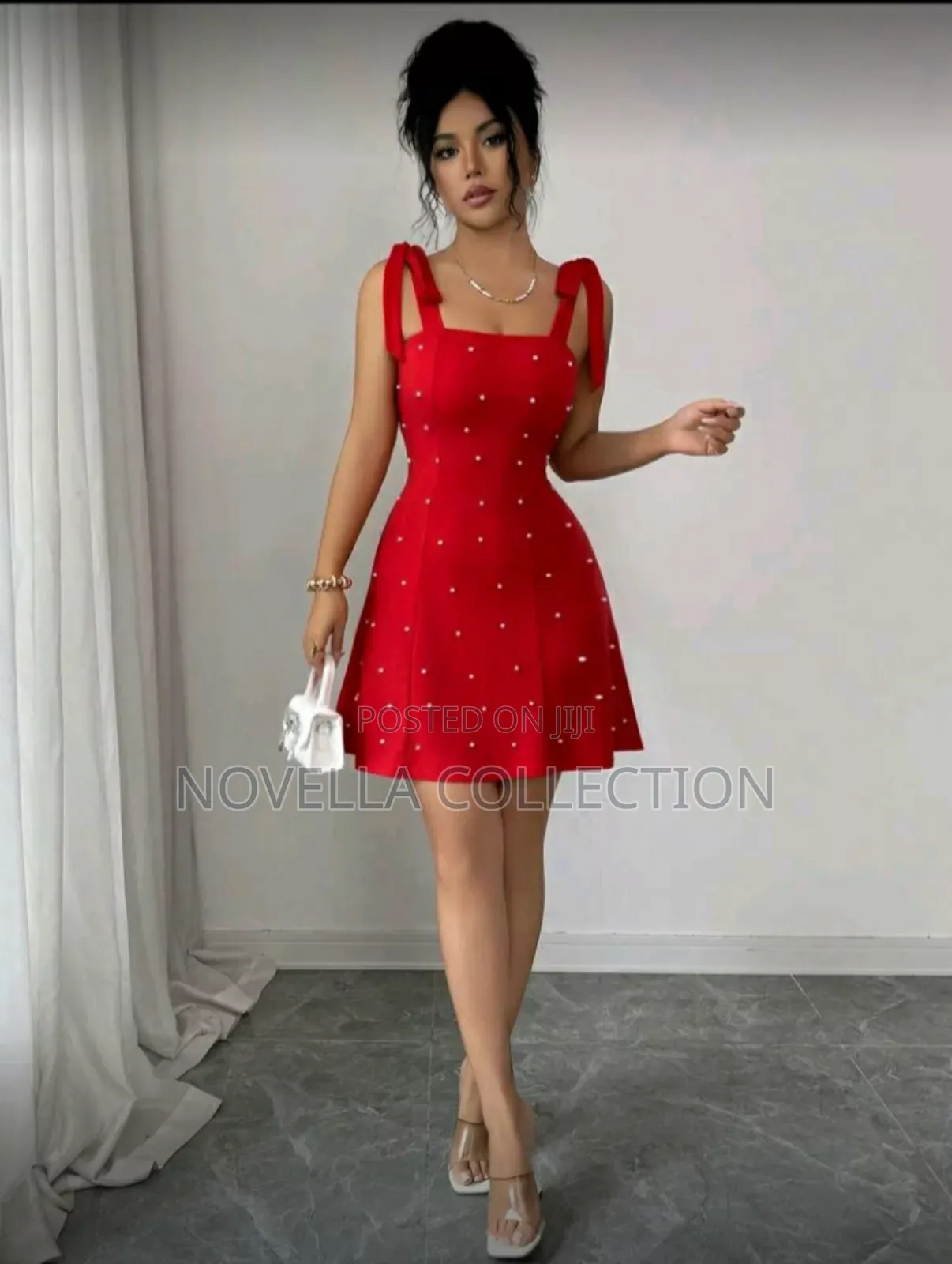 Elegant Unique Fashion Pearl Bow Decor Fitted a-Line Mini Dress