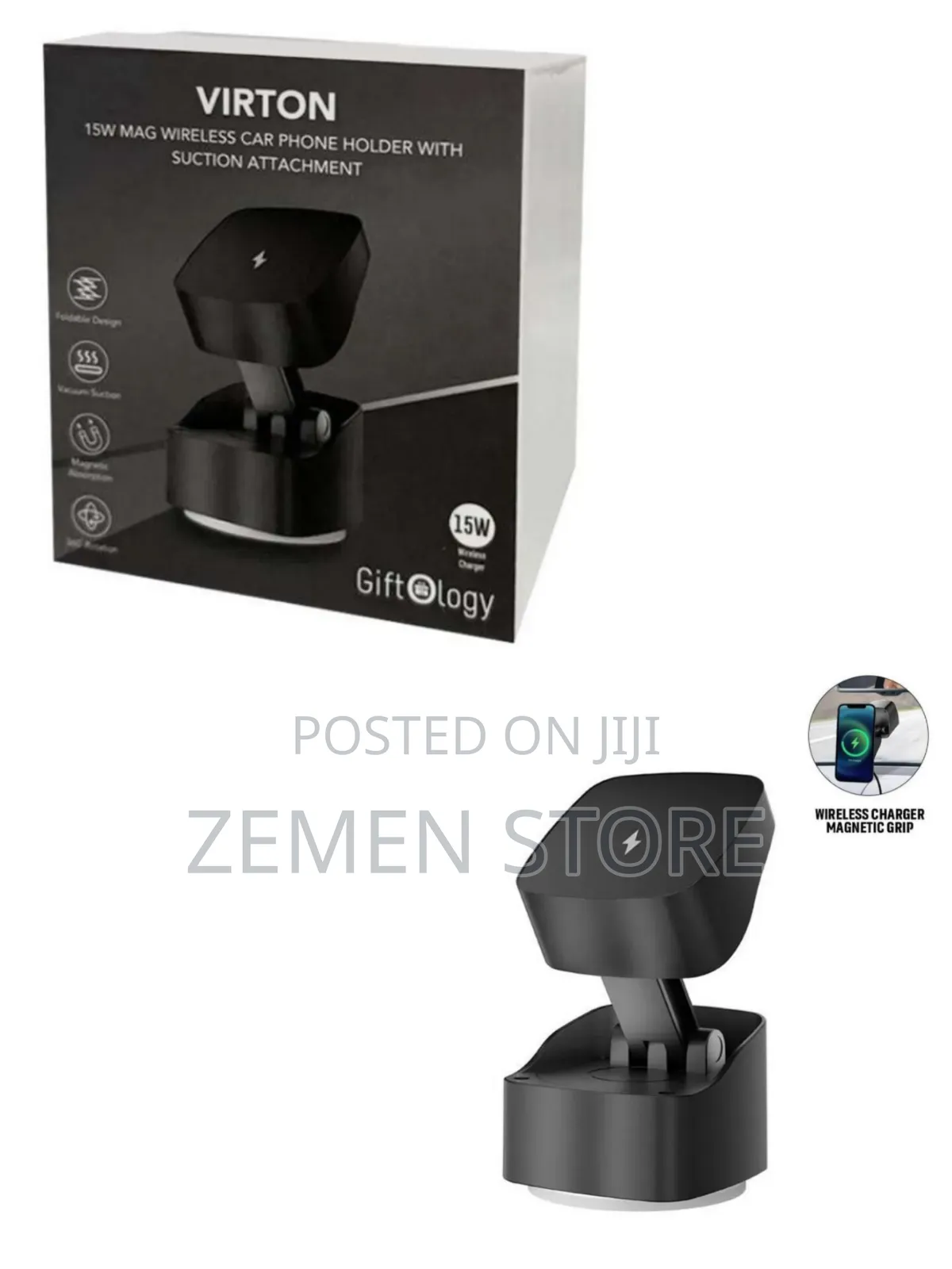 Virton 15w Wireless Car Charger የመኪና ስልክ መያዣ - Magnetic Vacuum