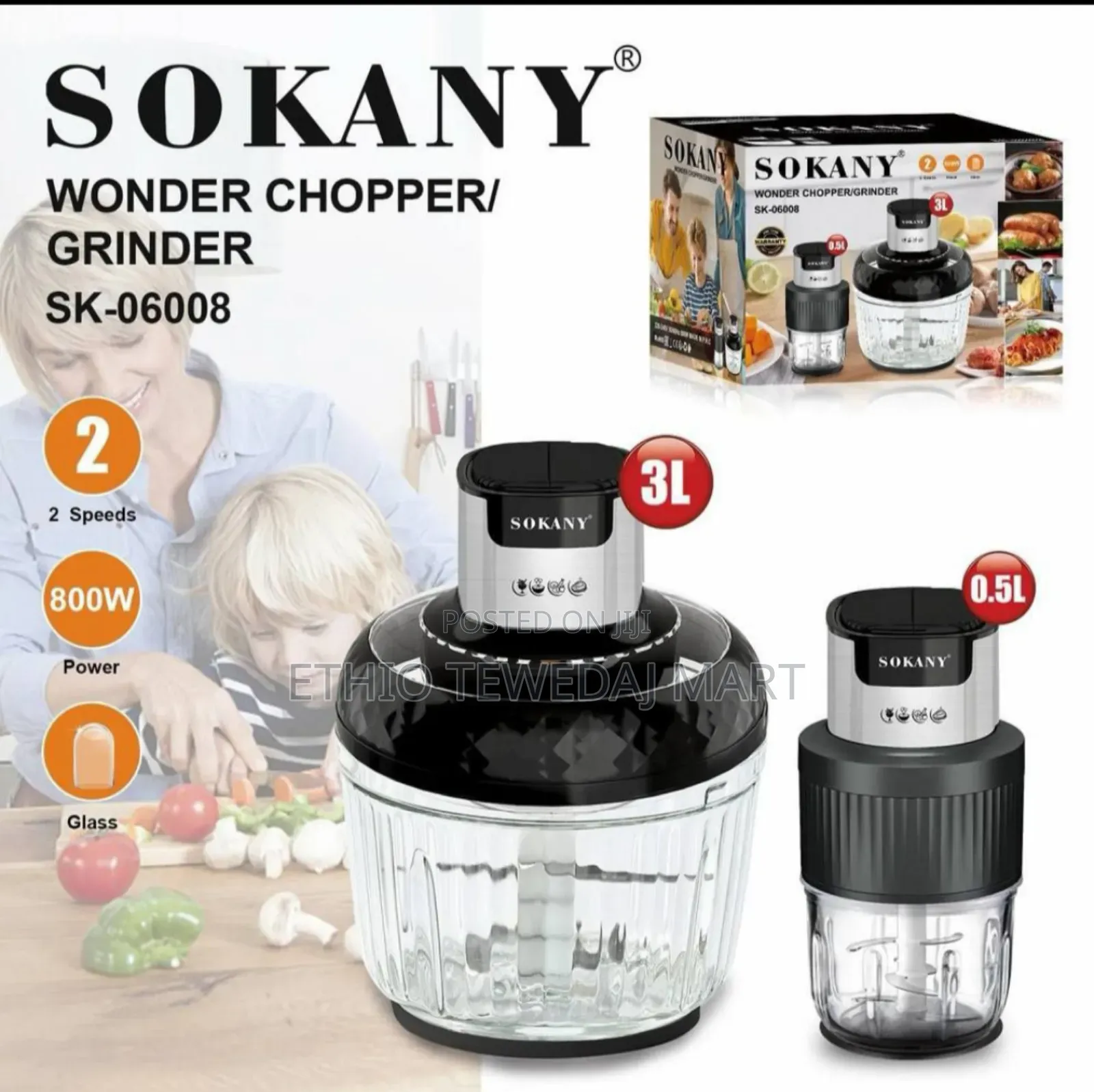Sokany Glass Chopper 800w 2 Jugs (3l + 1/2l)