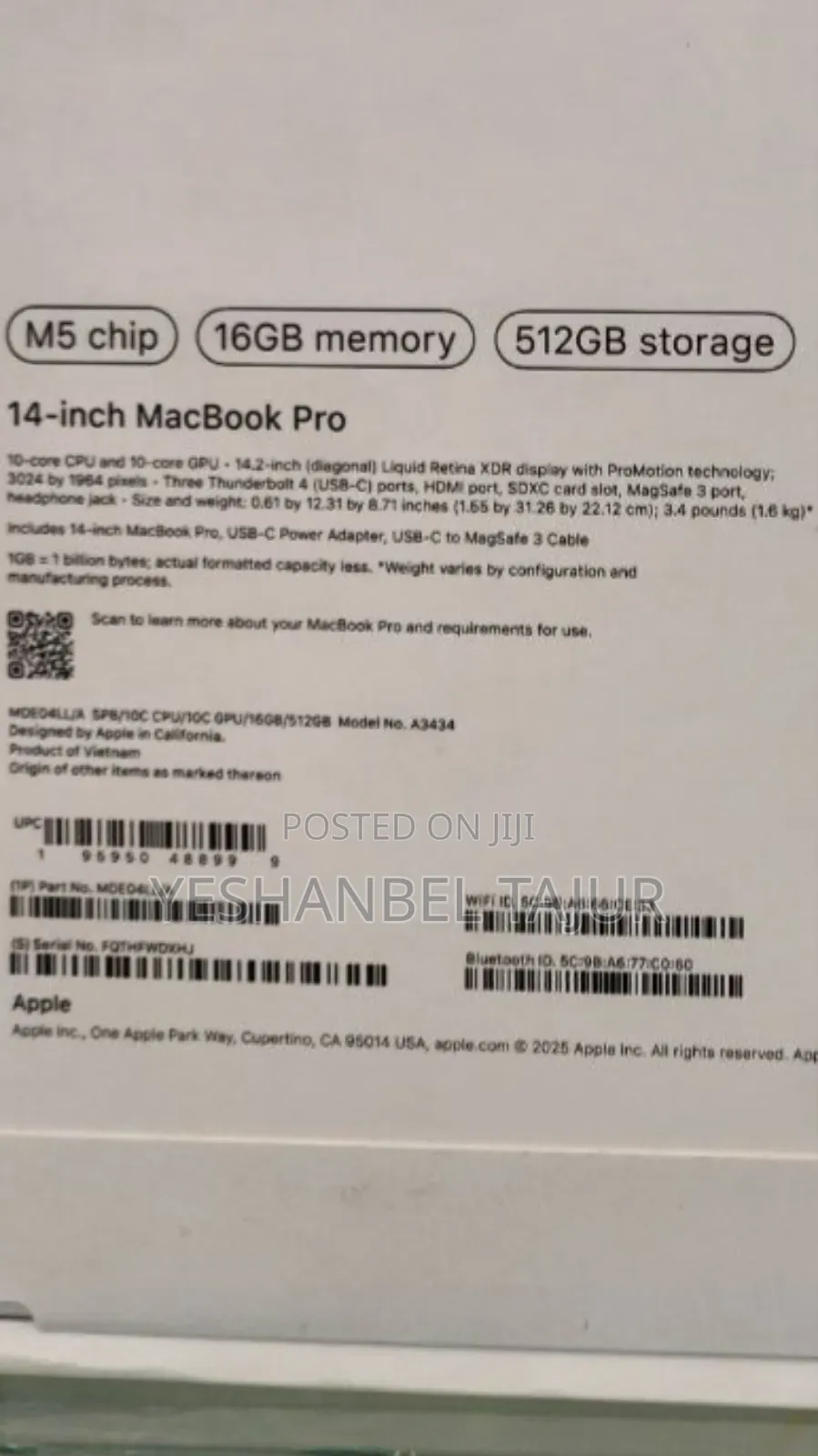 New Laptop Apple Macbook Pro 2025 M5 14-Inch 16GB Apple M5 SSD 512GB