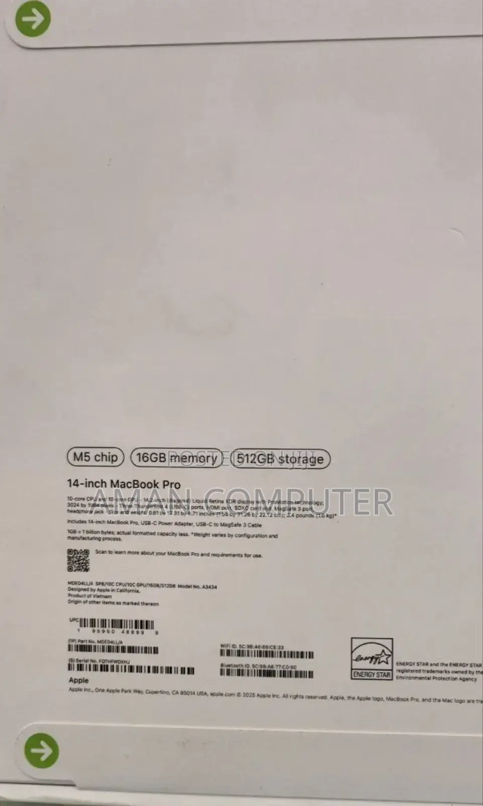 New Laptop Apple Macbook Pro 2025 M5 14-Inch 16GB Apple M5 SSD 512GB