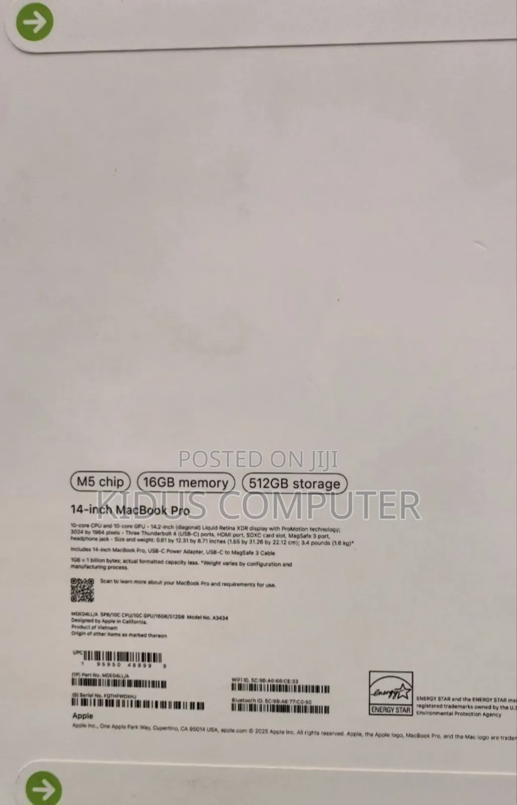 New Laptop Apple Macbook Pro 2025 M5 14-Inch 16GB Apple M5 SSD 512GB