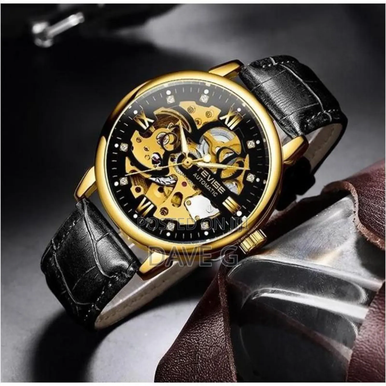 Tevise Men Watches Automatic Mechanical Skeleton Watch Genuine Leather
