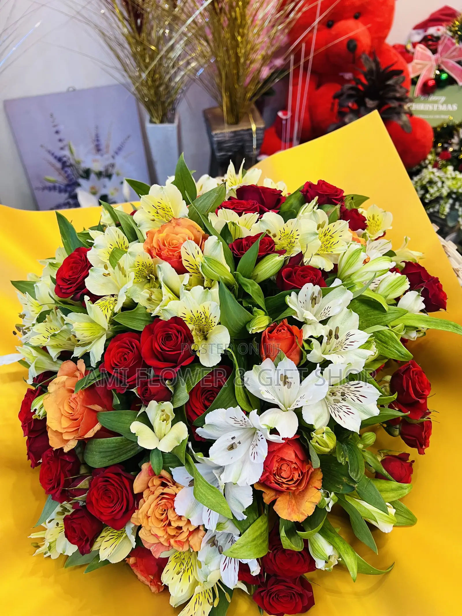 Red White Peruvian Lily Bouquet With Roses