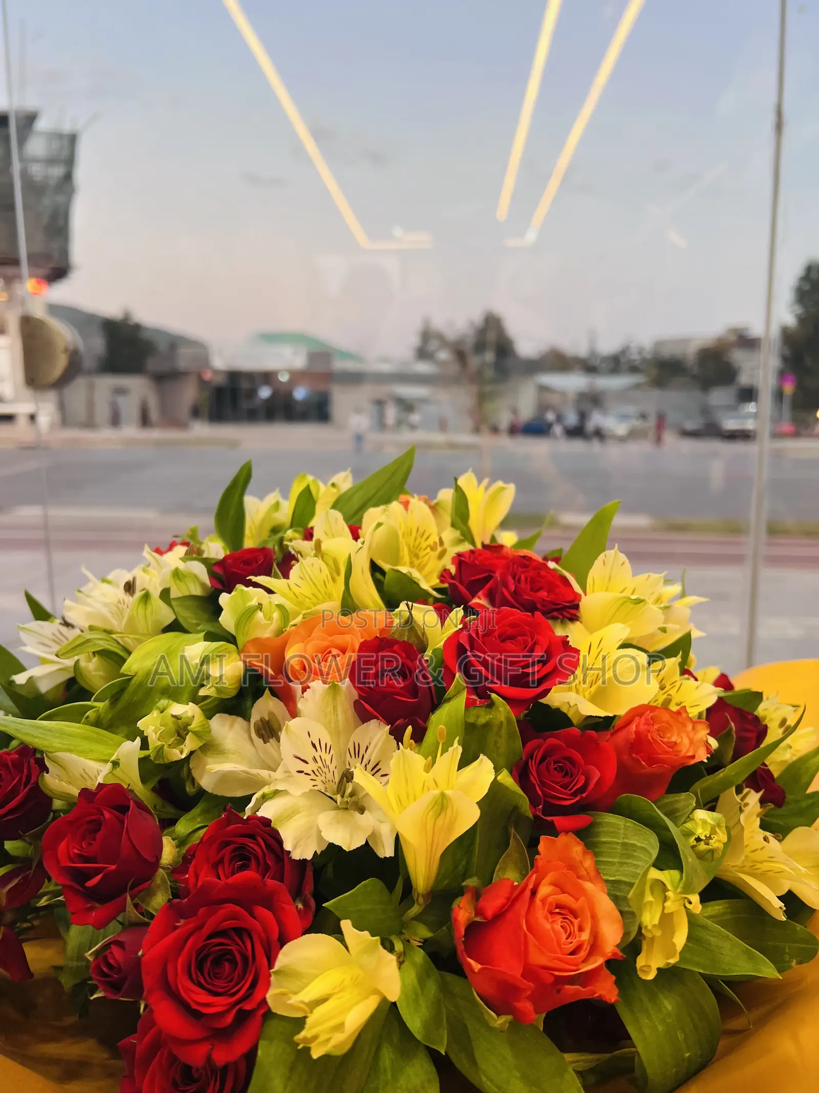 Red White Peruvian Lily Bouquet With Roses
