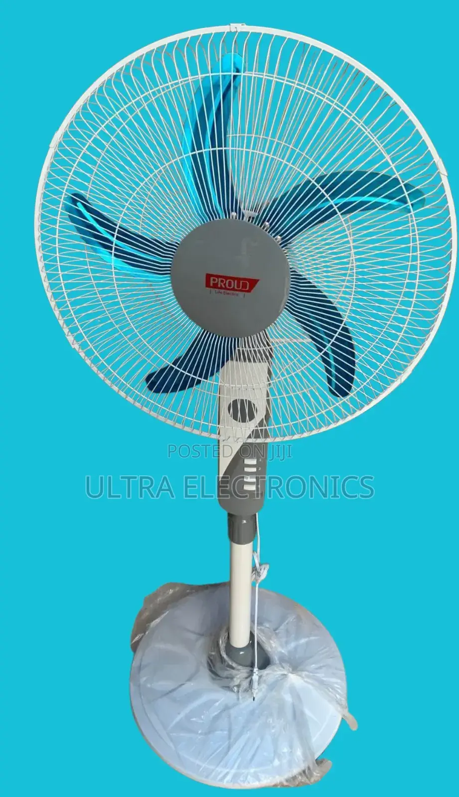 Proud Brand Pedestal Fan. It Features 5 Blades for Powerful Cooling.