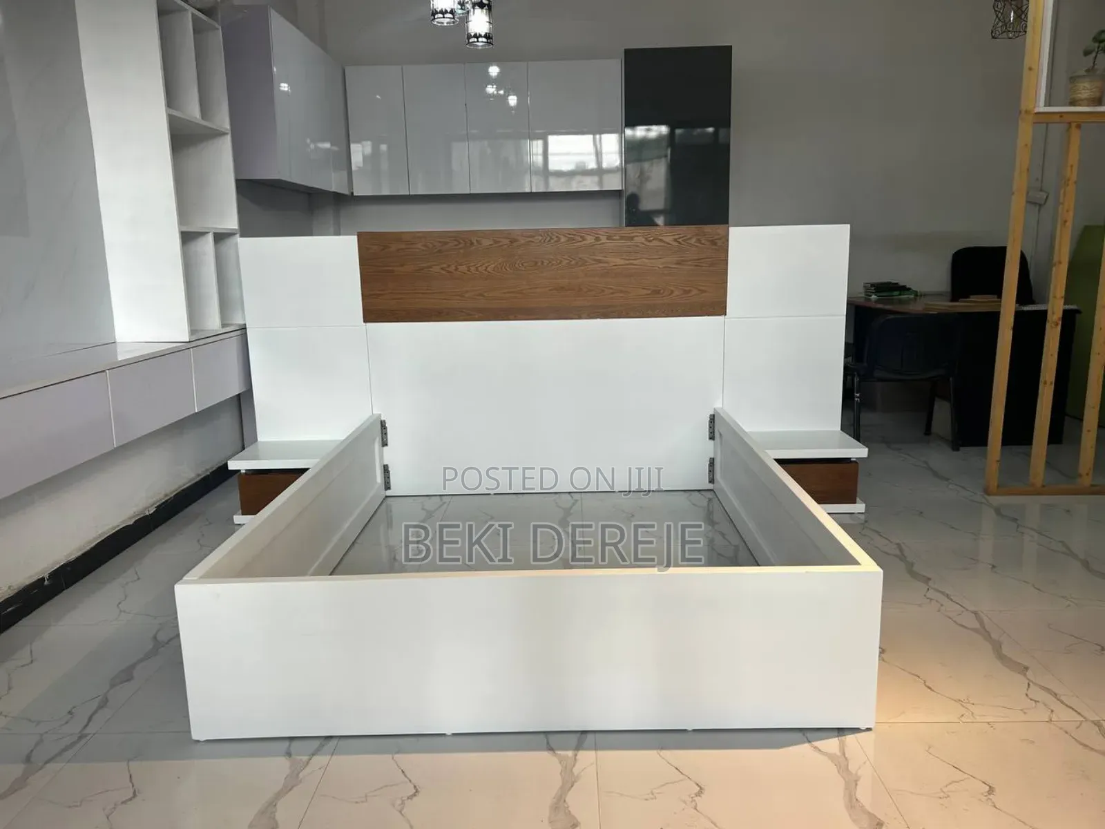 Modern Bed White Wood Double With Side Tables