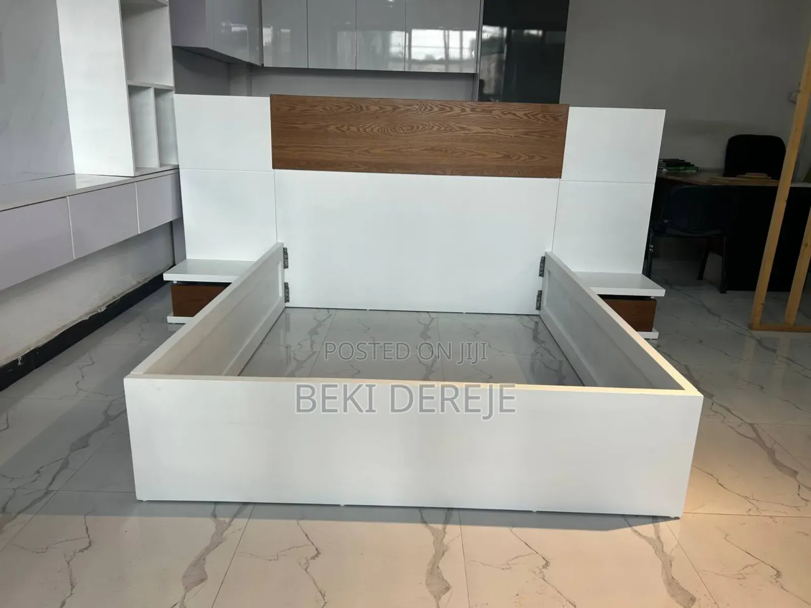 Modern Bed White Wood Double With Side Tables