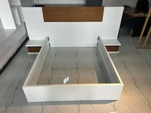 Modern Bed White Wood Double With Side Tables