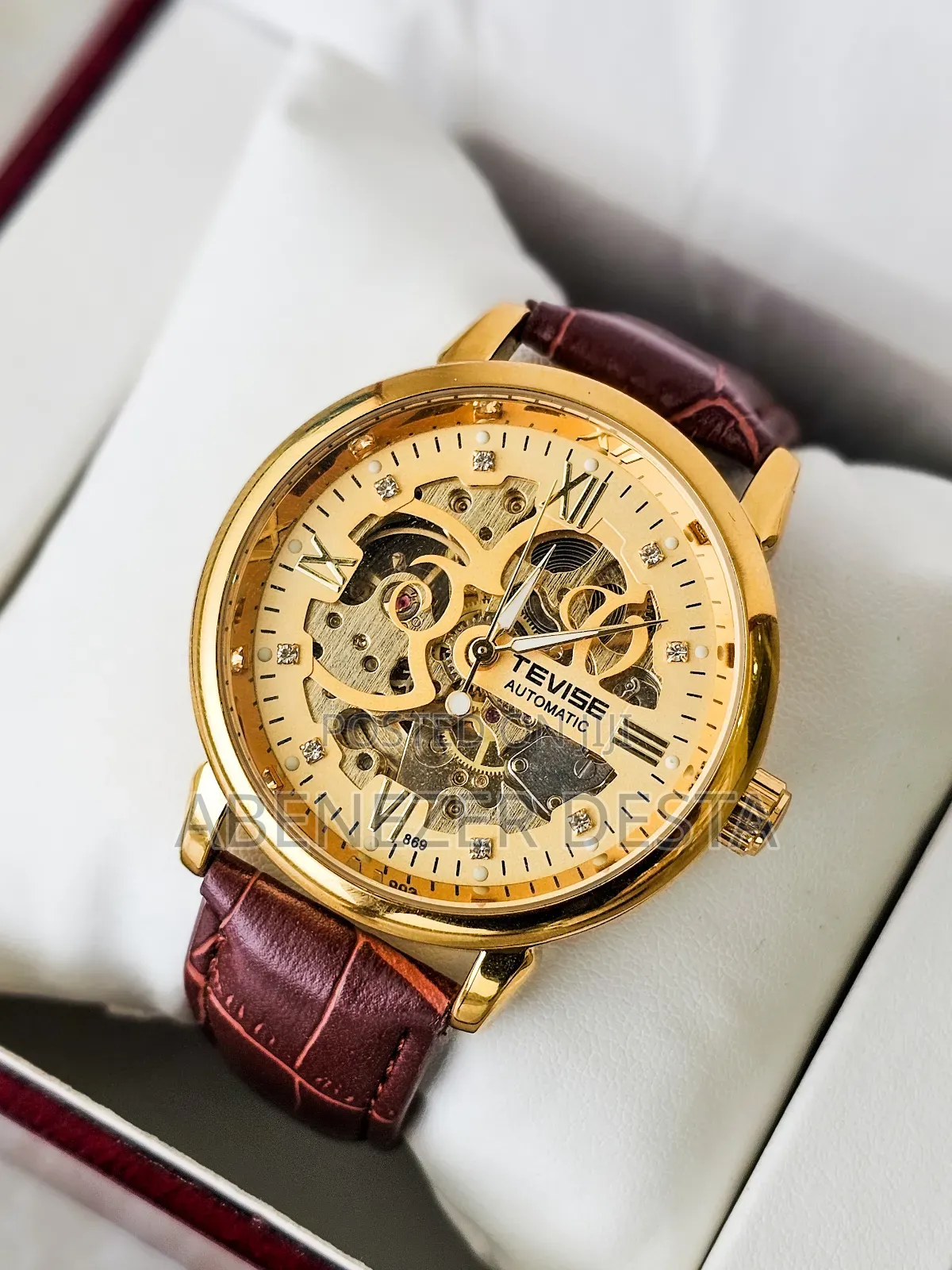 Gold-Tone Tevise Automatic Mechanical Skeleton a Brown Leather Strap.