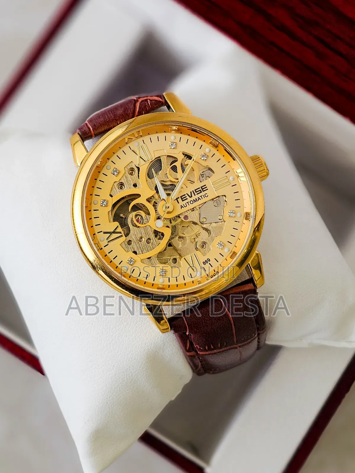 Gold-Tone Tevise Automatic Mechanical Skeleton a Brown Leather Strap.