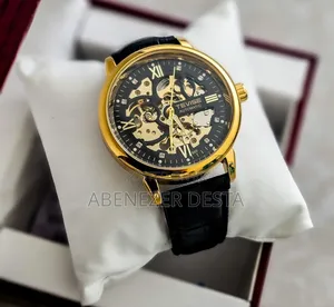 Tevise T869 Automatic Mechanical Skeleton Watch. Black Leather