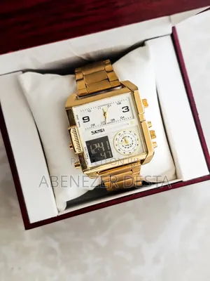 Gold-Tone Skmei 1584 Square-Dial Digital and Analog Watch.