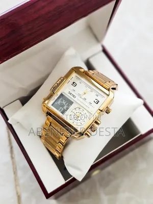 Gold-Tone Skmei 1584 Square-Dial Digital and Analog Watch.
