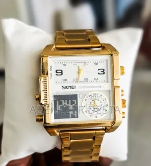 Gold-Tone Skmei 1584 Square-Dial Digital and Analog Watch.