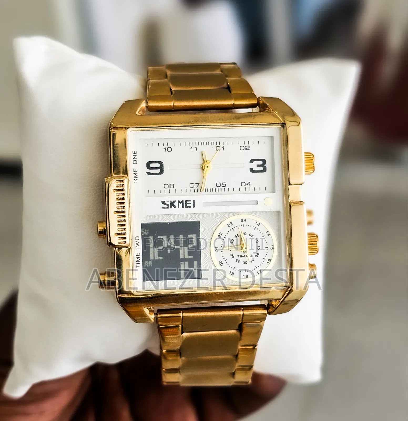 Gold-Tone Skmei 1584 Square-Dial Digital and Analog Watch.