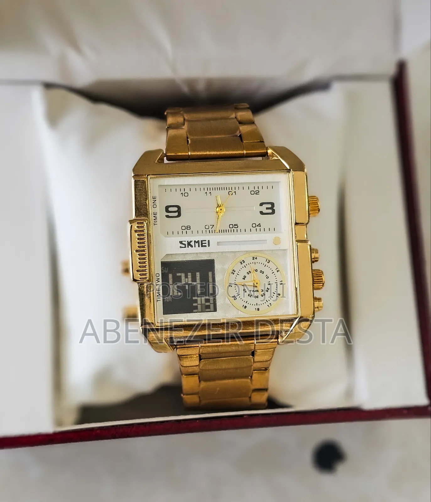 Gold-Tone Skmei 1584 Square-Dial Digital and Analog Watch.