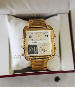 Gold-Tone Skmei 1584 Square-Dial Digital and Analog Watch.