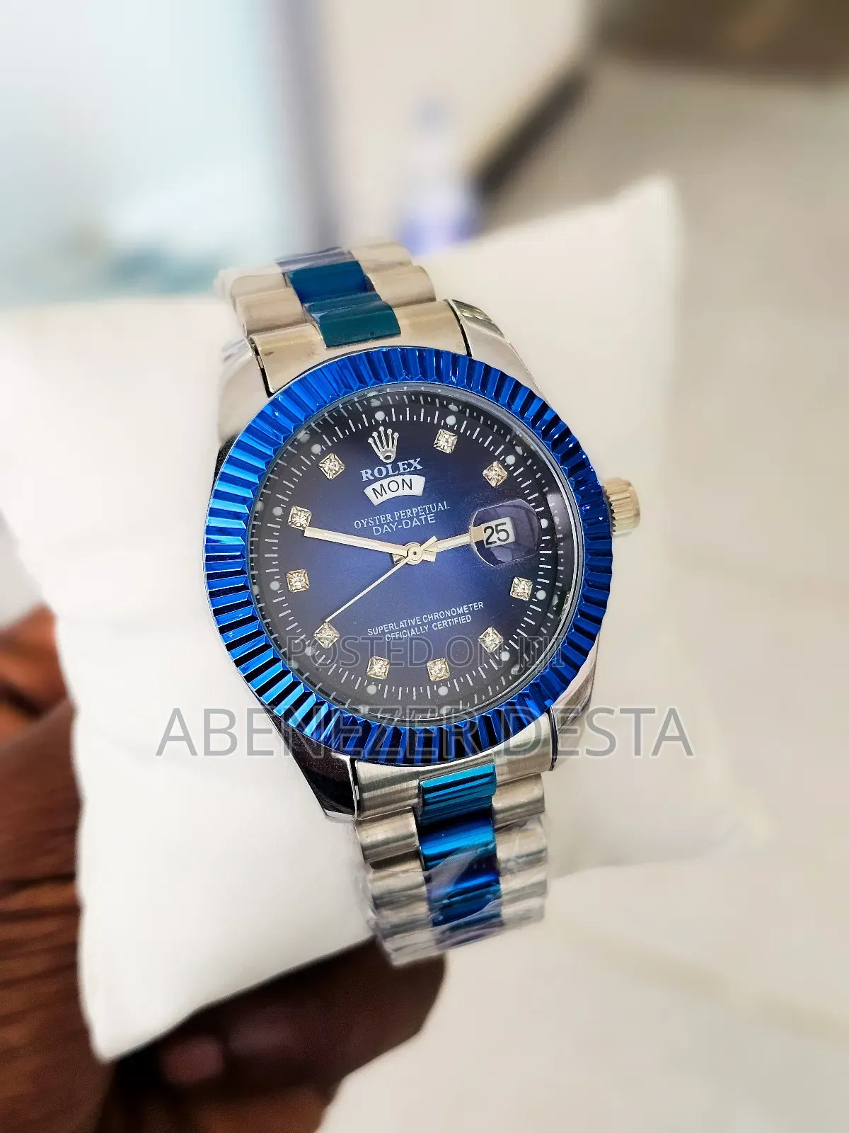 Rolex Day-Date Watch With a Blue and Silver Two-Tone Design and Diamon