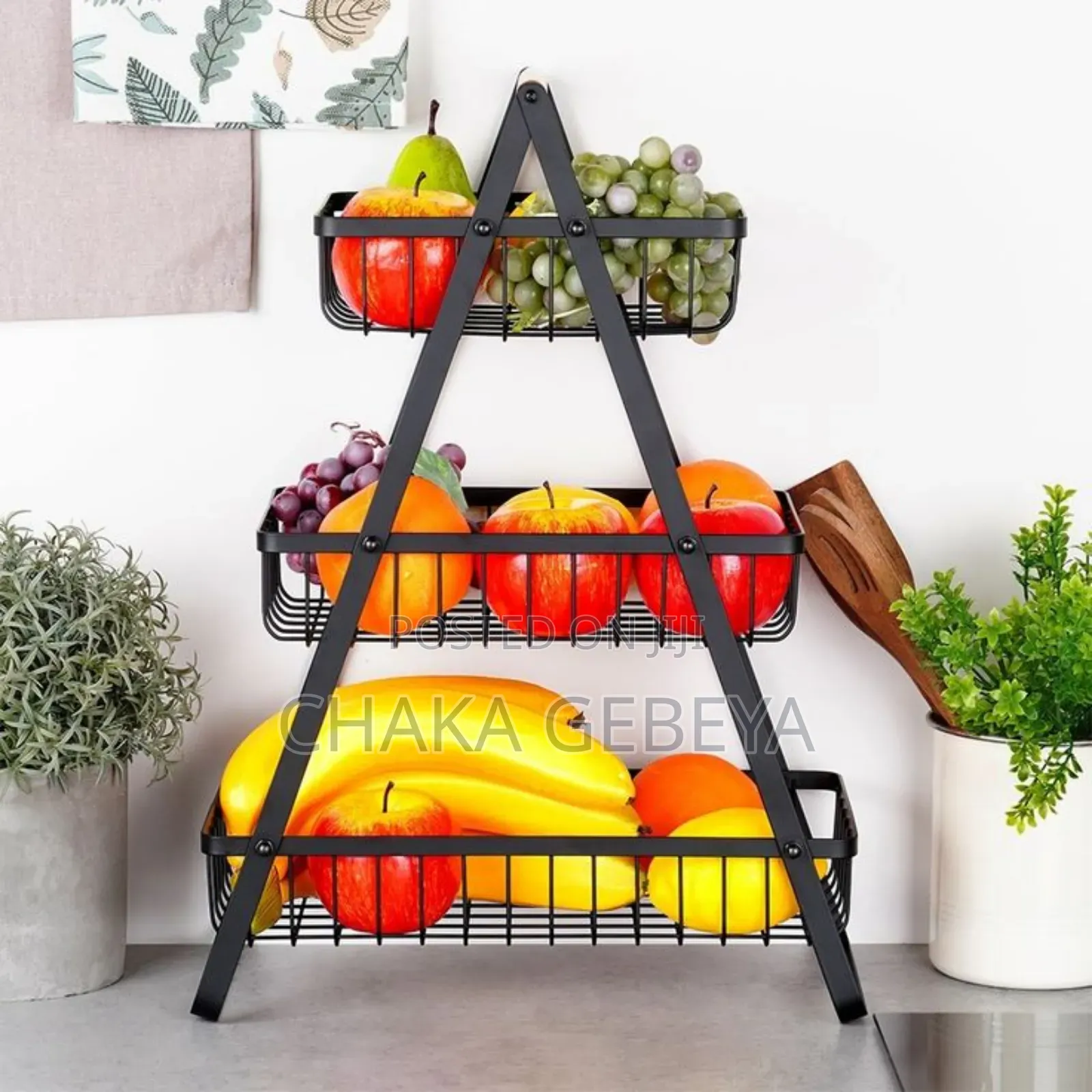 Rustic Kitchen Storage Rack -Metal Frame With Wooden Shelves Handles