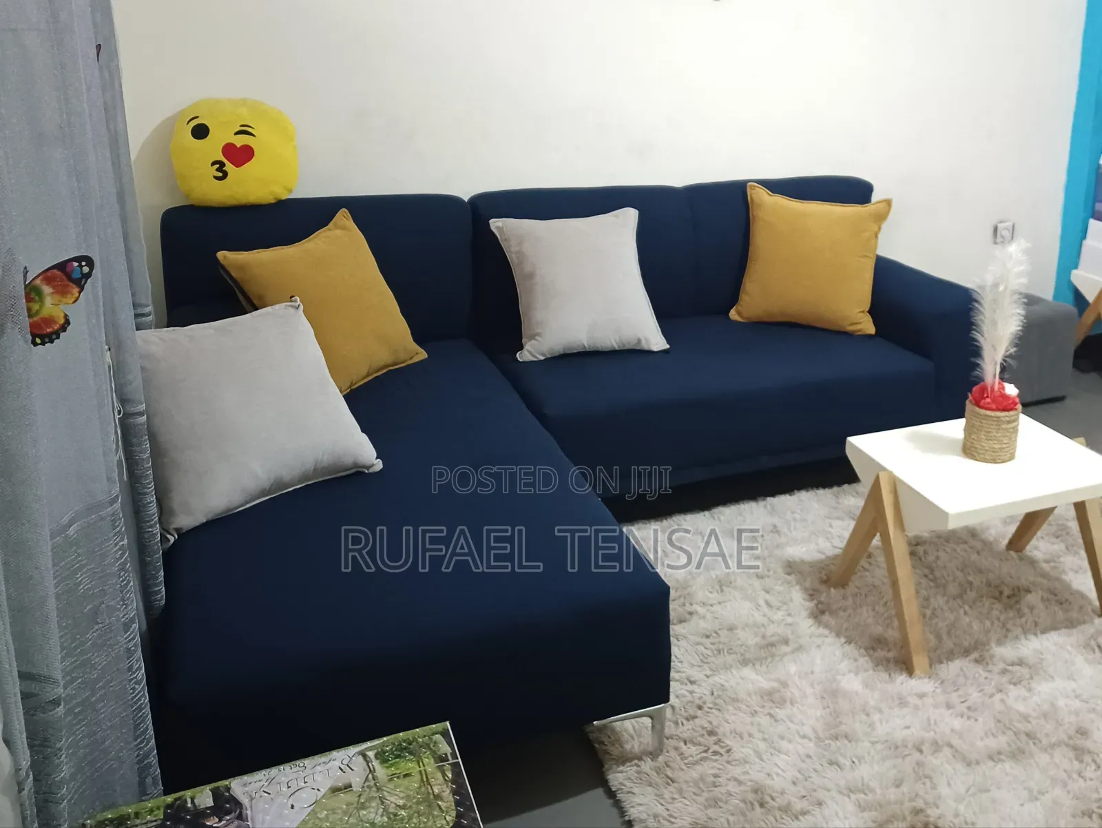 Used L Shape 5 Seat Dark Blue Sofa