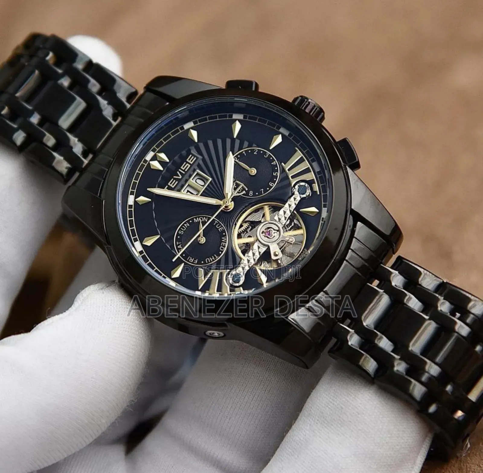 Black Tevise Automatic Mechanical Men's Watch.