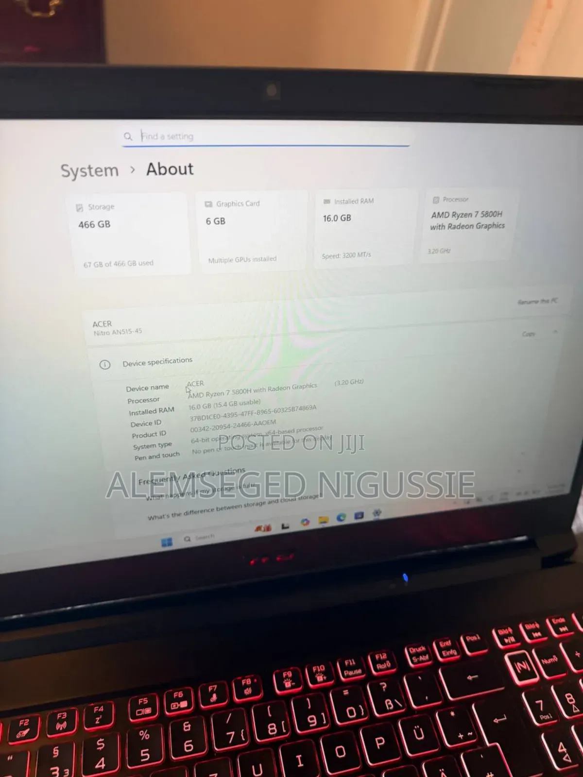 New Laptop Acer Nitro 5 16GB AMD Ryzen 7 HDD+SSD 512GB