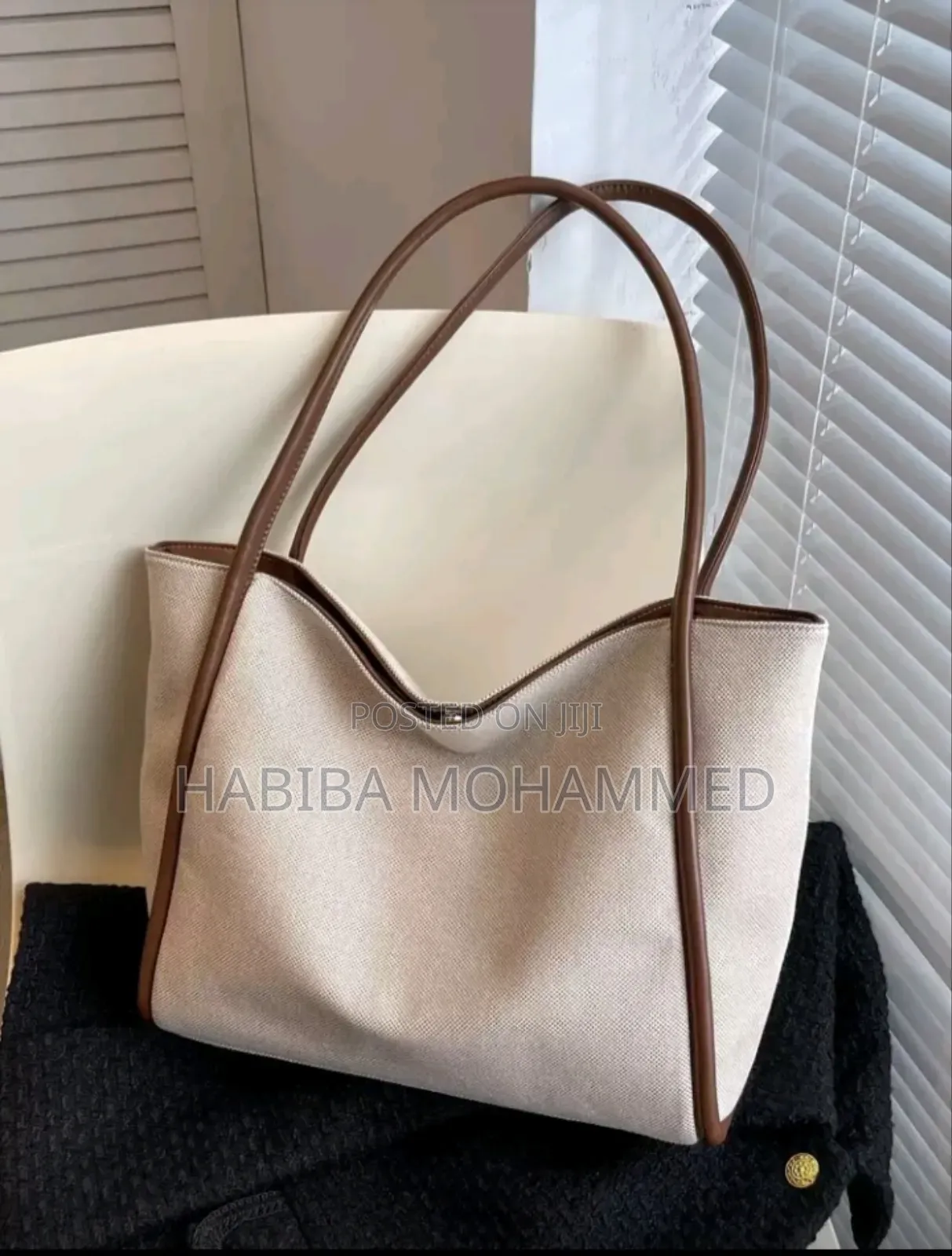 Elegant Beige Tote Bag With Brown Leather Trim – Women’S Shoulder Bag